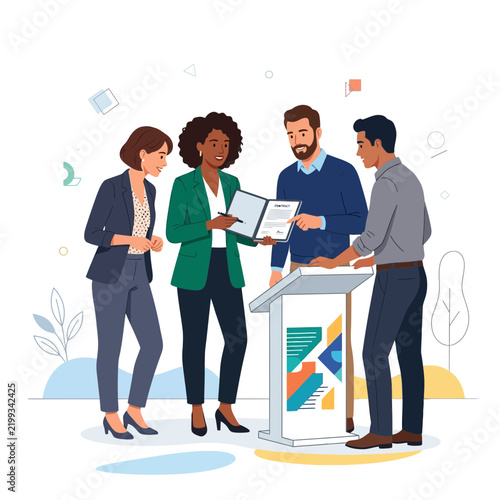 Diverse business team signing contract at podium, teamwork, agreement, professional collaboration, modern flat illustration style
