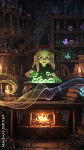 3D Cute Witch Cooking Magical Candy Cauldron Animation	
