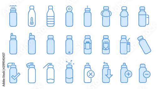 Collection of water bottle icons in a light blue linear style