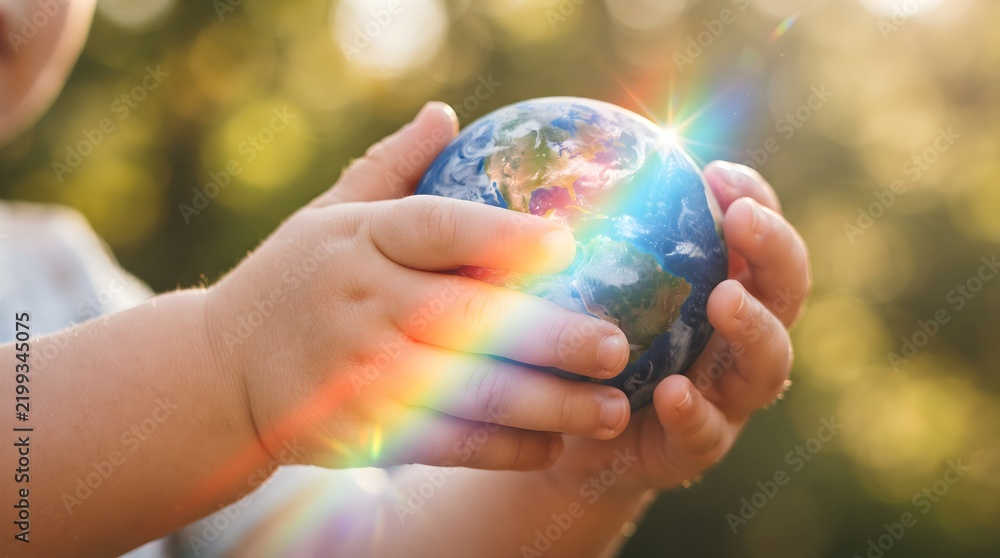 Obraz premium Child Hands Holding Glass Globe with Vibrant Rainbow Sun Flare Prism Reflection