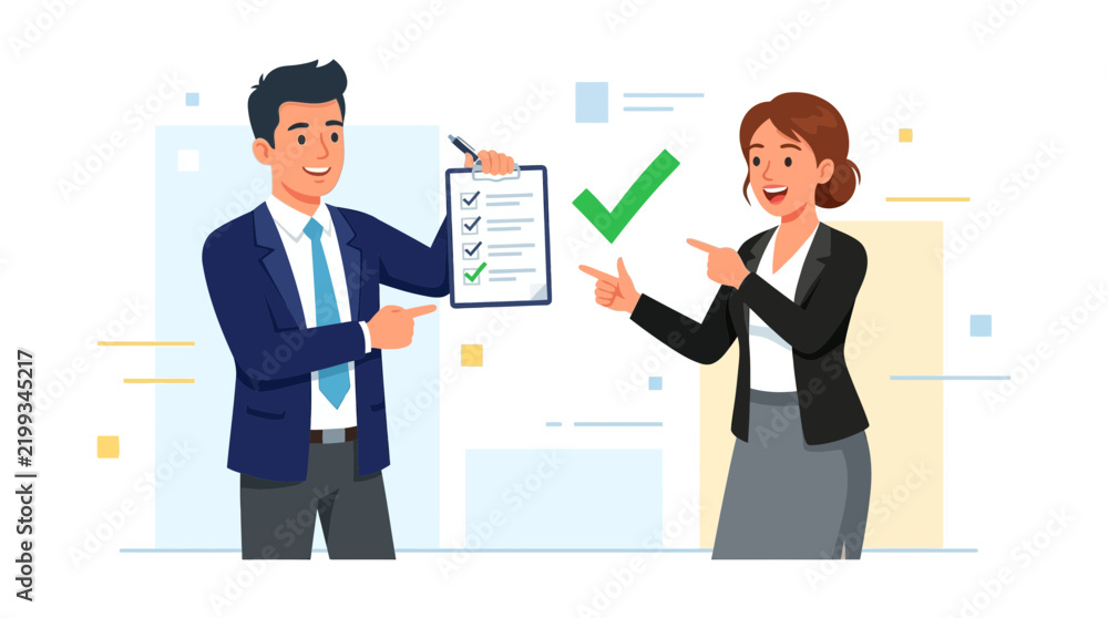 Obraz premium Business Team Success: Checklist Completion and Agreement in Modern Flat Illustration Style