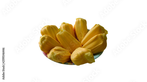 Fotografie A plate of sweet ripe yellow jackfruit bulbs ready to eat isolated on a white ba