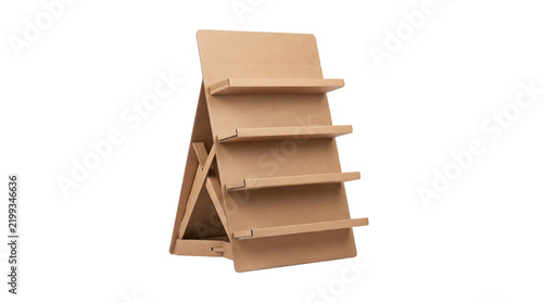 Empty cardboard display stand with four shelves isolated on transparent background