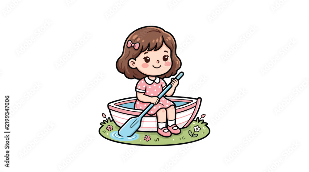 Fototapeta premium Girl Holding Paddle In Boat Cartoon Vector Illustration