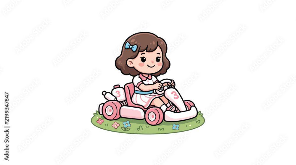 Fototapeta premium Girl Sitting In Go Kart Cartoon Vector Illustration