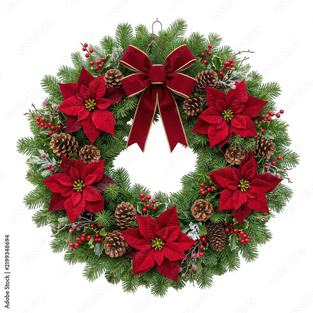 Fototapeta premium Traditional christmas wreath with red poinsettia flowers, pine cones, and velvet bow isolated on transparent background