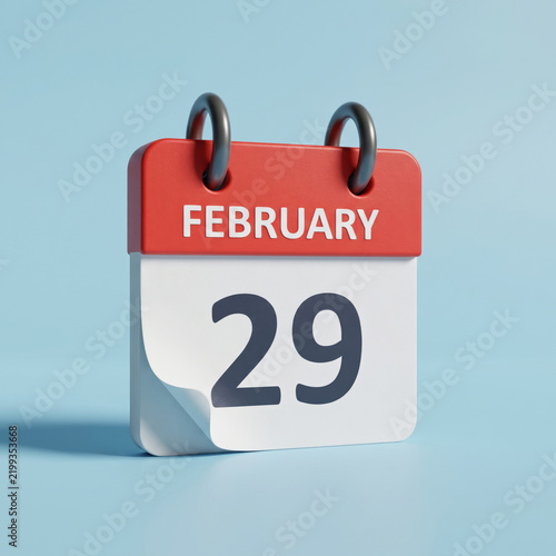 Realistic 3D render of a tear-off calendar showing February 29 leap day with a red header, metal rings and curled page corner on a soft blue background. Clean minimalist style for leap year, date