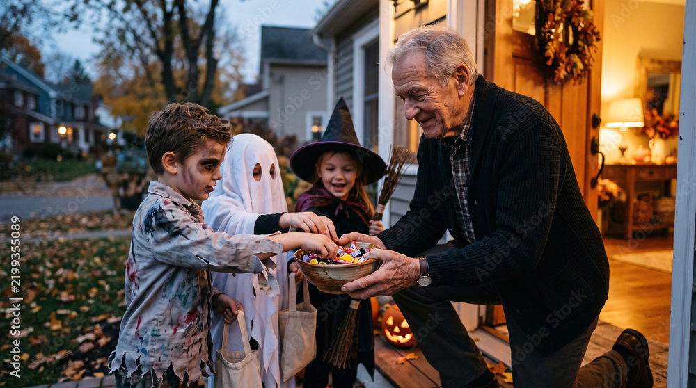 Obraz premium Friendly senior man handing out Halloween candy to happy children on decorated porch