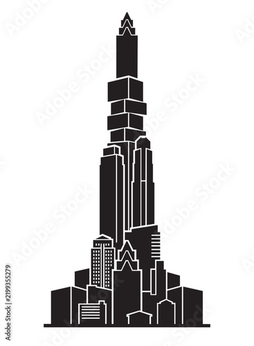 Abstract vertical tall skyscraper building silhouette isolated on white background