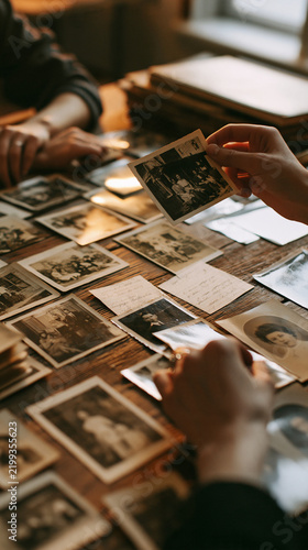 A Journey Through Time: Hands sort through a collection of vintage photographs spread across a rustic wooden table, evoking a sense of nostalgia and cherished memories.