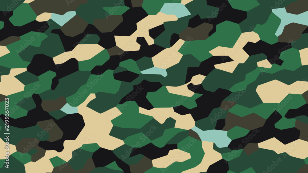 Fototapeta premium Tactical Woodland Camouflage Pattern Featuring Interlocking Polygon Shapes in Natural Green Beige Black and Brown Tones