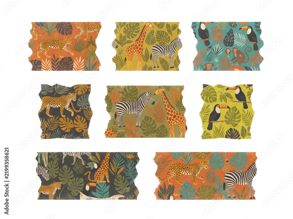 Obraz premium Set of jungle animal patterns with leopards, giraffes, zebras, toucans, and monkeys on tropical leaves isolated on transparent background