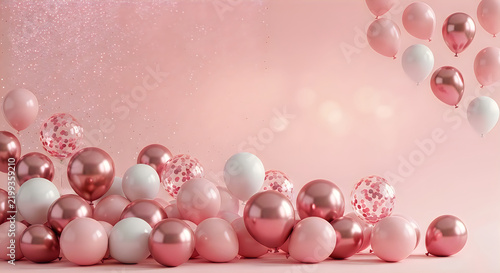 Pastel balloons floating in soft pink background