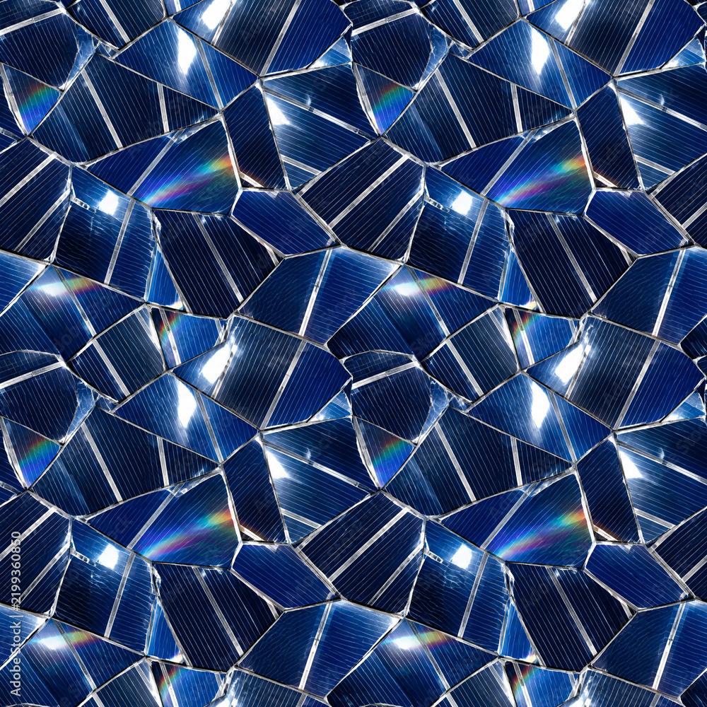 Obraz premium Abstract solar panel mosaic pattern, renewable energy technology background, blue photovoltaic cell shards with sun flare and rainbow light refraction