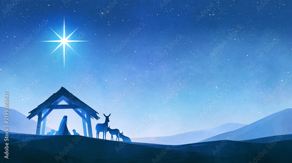 Fototapeta premium Nativity scene watercolor illustration with a guiding star, christmas religious art, with copy space