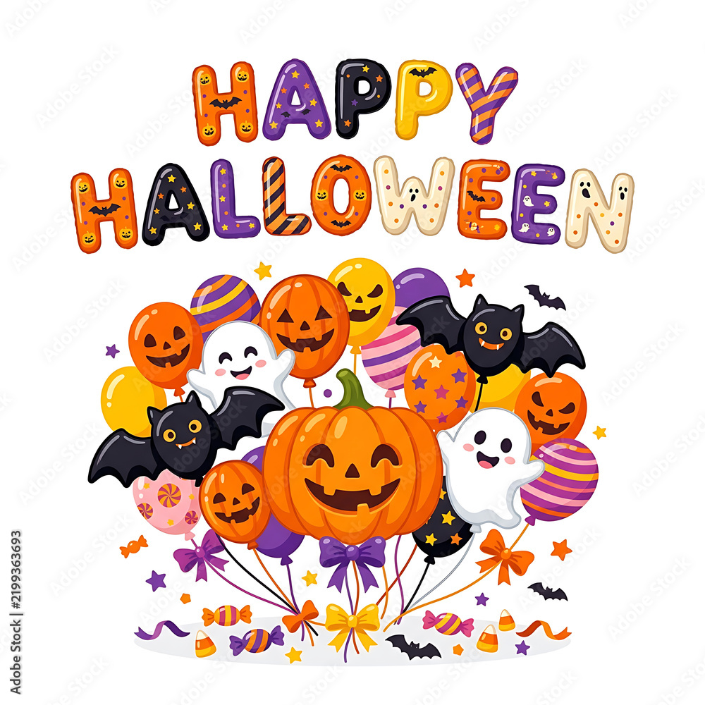 Fototapeta premium Happy Halloween vector greeting card with spooky pumpkins, ghosts, and bats