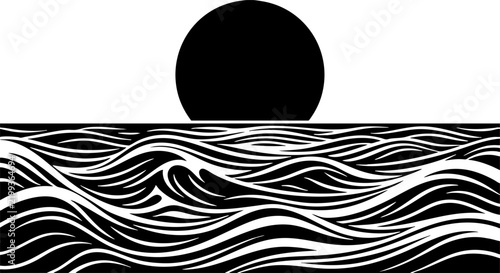 Minimalist Black and White Sun over Ocean Waves Illustration