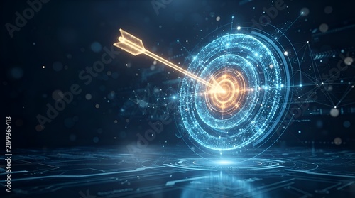 Golden arrow hitting the center of a digital hologram target bullseye on a dark blue futuristic technology circuit background, representing success, goal achievement, and precision marketing.