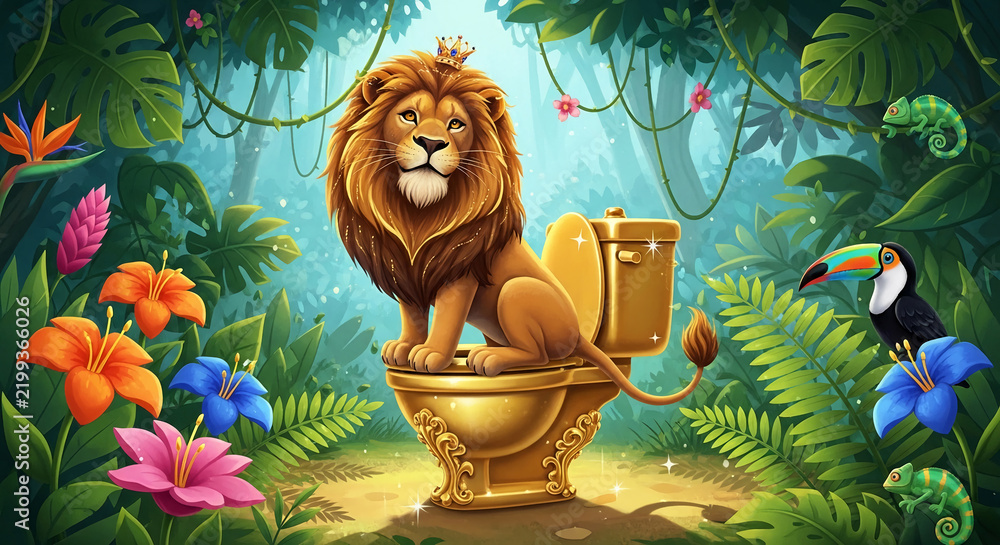 Obraz premium Lion king crowned, sits on golden toilet in lush jungle with toucan & chameleon, symbolizing royalty, humor, and nature.