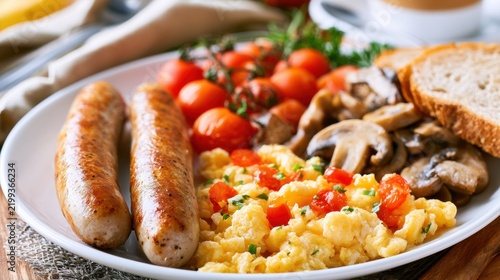 Grilled sausages with scrambled eggs, cherry tomatoes, mushrooms and toast on breakfast plate, hearty morning meal and savory food concept
