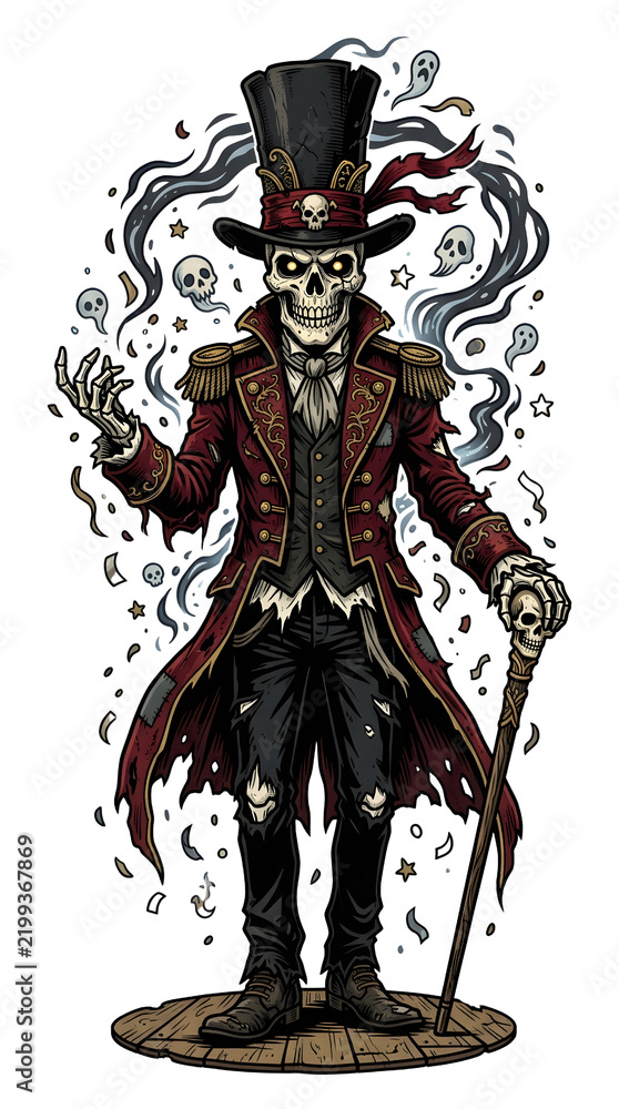 Obraz premium Skeleton Ringmaster Stands with Cane Surrounded by Spirits and Confetti