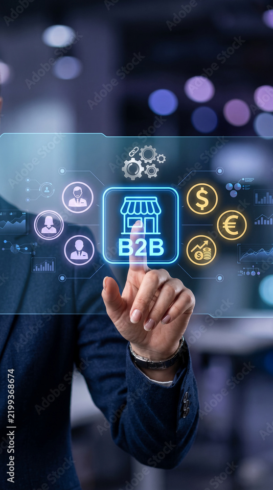 Obraz premium Digital interface showing B2B connection, finance, and people icons, symbolizing business growth and partnership.