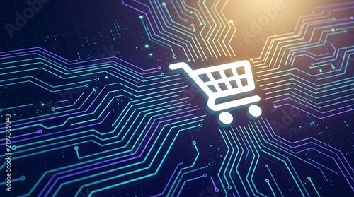 White shopping cart icon on a dark blue circuit board with glowing purple and teal lines, symbolizing digital commerce and technology.