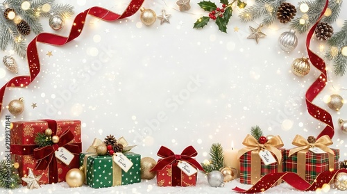Christmas gifts and decorations on snowy background
