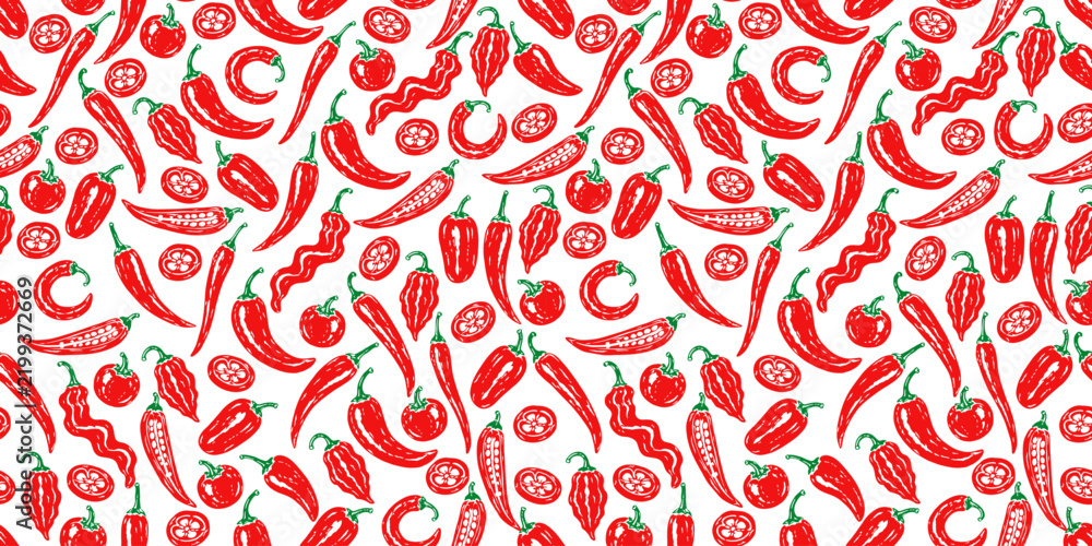 Obraz premium Seamless pattern featuring chili peppers in red and green on a white background. Decorative food illustration suitable for packaging, textiles, wallpaper and culinary designs.
