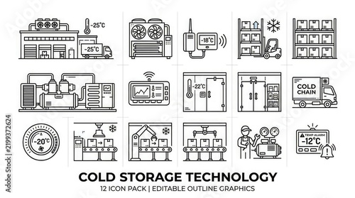Cold storage technology line icons
