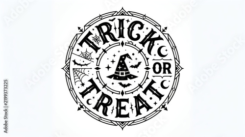 Vintage style circular badge with trick or treat text and witch hat