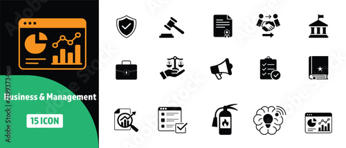 Business and Corporate Management Icon Set with Security, Legal, Finance, Compliance and Government Symbols