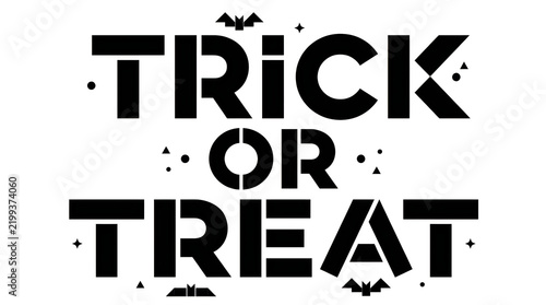 Black trick or treat text design with small flying bat silhouettes