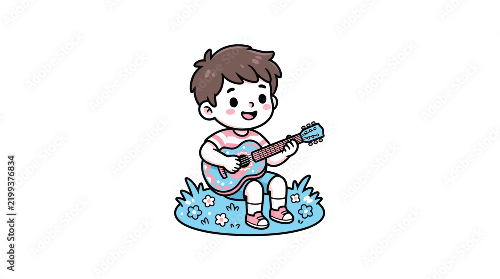 Fototapeta premium Boy Playing Small Guitar Cartoon Vector Illustration