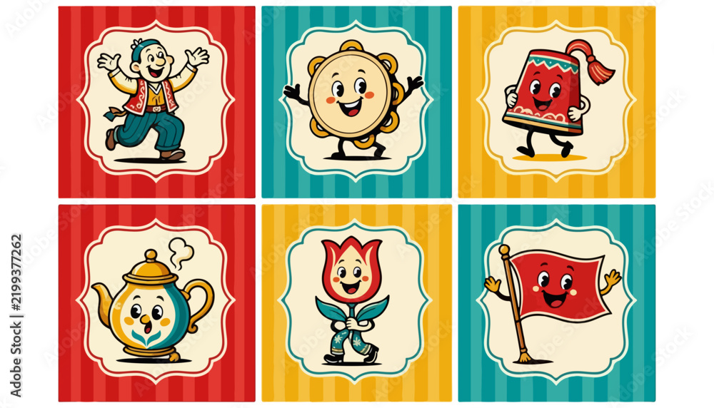Obraz premium Cute Vintage Cartoon Character Collection with Dancer, Smiling Sun, Red Book, Teapot, Flower and Dancing Flag 