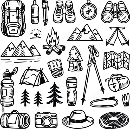 Hand drawn camping and hiking gear set