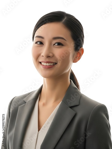 A professional portrait of a smiling east asian businesswoman in a suit