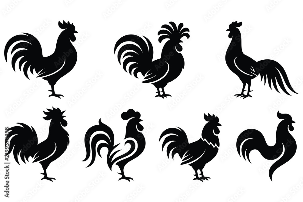 Obraz premium Black silhouettes of various birds perched on branches in flight