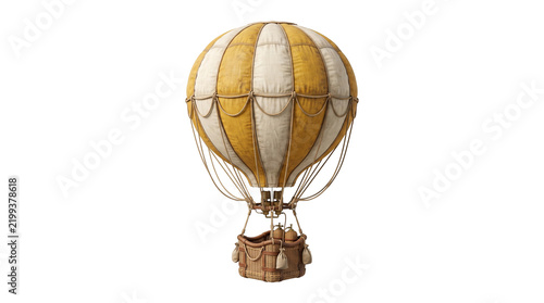 Fotografie Vintage yellow and white hot air balloon with wicker basket perfect for fantasy travel illustrations