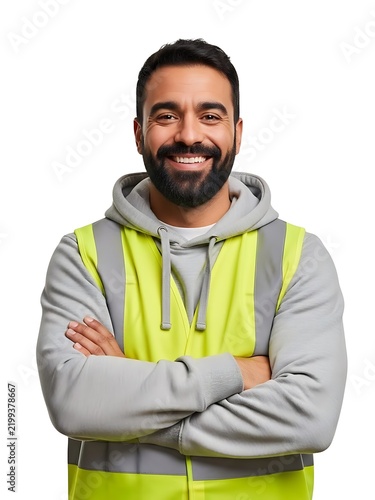 A smiling man wearing a high visibility safety vest and a grey hoodie