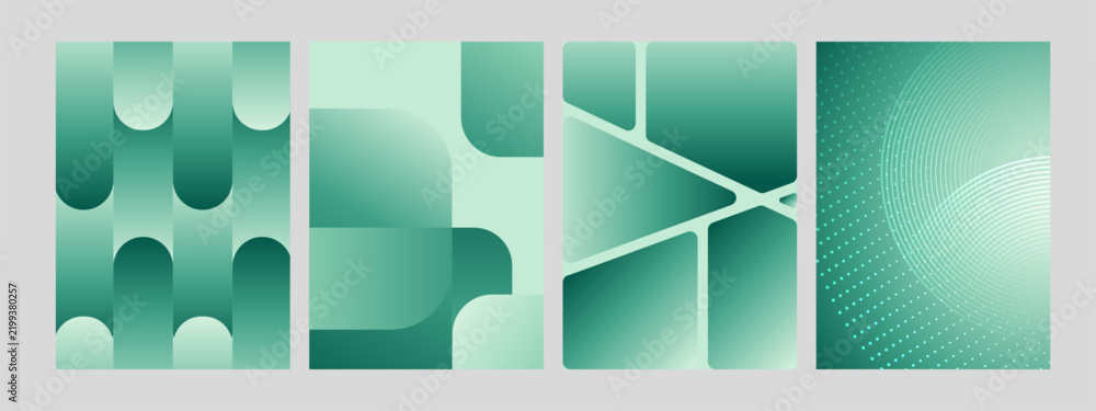 Obraz premium Green gradient poster set with geometric shapes and line patterns