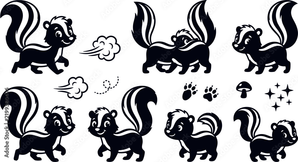 Obraz premium Cute Skunk Cartoon Silhouette Vector Icon Set Featuring Friendly Animal Characters, Smelly Odor Gas Clouds, Paw Prints, and Forest Elements