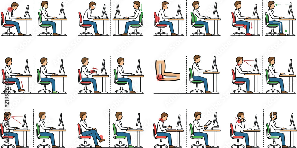 Fototapeta premium Correct vs Incorrect Sitting Posture Ergonomics Illustration Set for Office