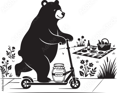 Happy bear riding push scooter with honey jar past park picnic setup silhouette vector design.