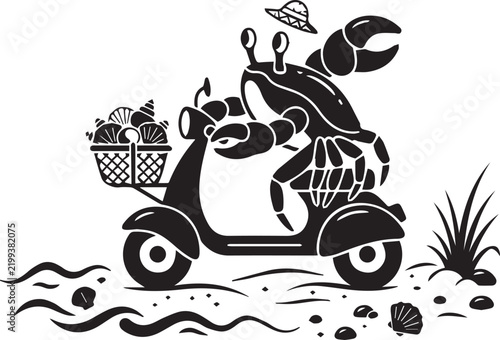 Funny crab with sun hat riding moped with basket of seashells on sandy beach during sunny holiday.