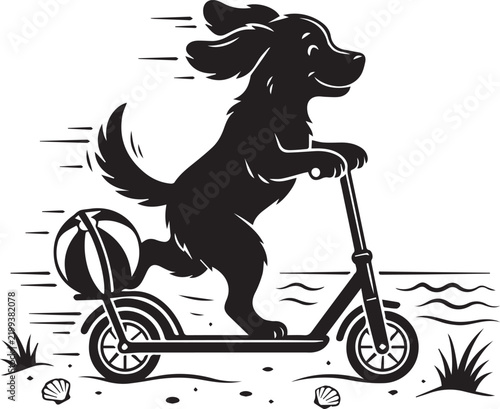 Playful dog riding kick scooter with beach ball in basket on sandy shore during summer holiday.