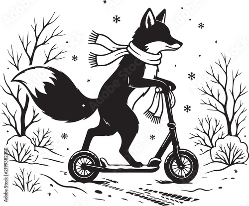 Winter fox silhouette riding push scooter on snowy trail with bare trees and festive scarf accents.