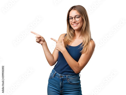Young woman with blonde hair smiling and pointing fingers to the left side