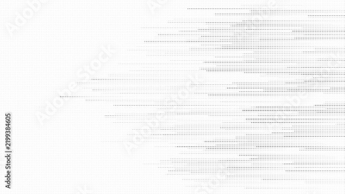 Abstract halftone pattern background with horizontal lines and dots, digital glitch effect texture, dynamic speed motion design, monochrome geometric vector illustration
