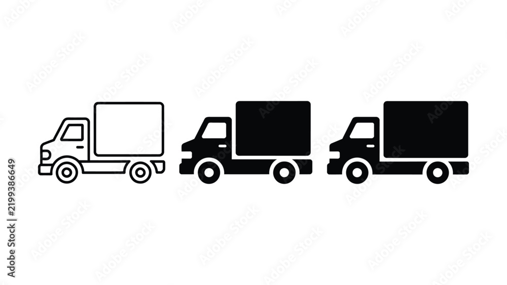 Fototapeta premium Set of three delivery trucks in minimalist line art style illustrating transportation vehicles in different filled styles for logistics and shipping concepts